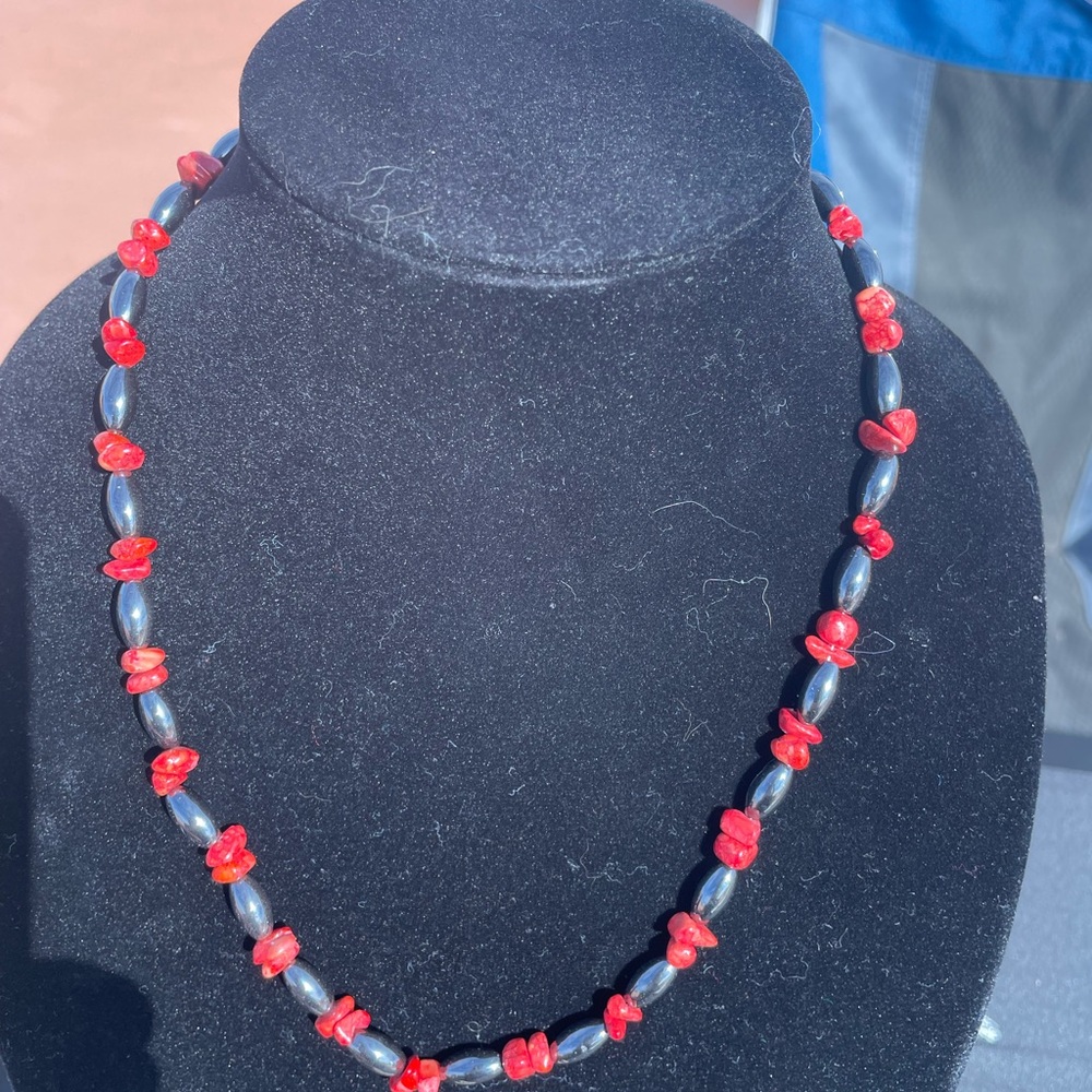 Elegant Red and Hematite Beaded Necklace